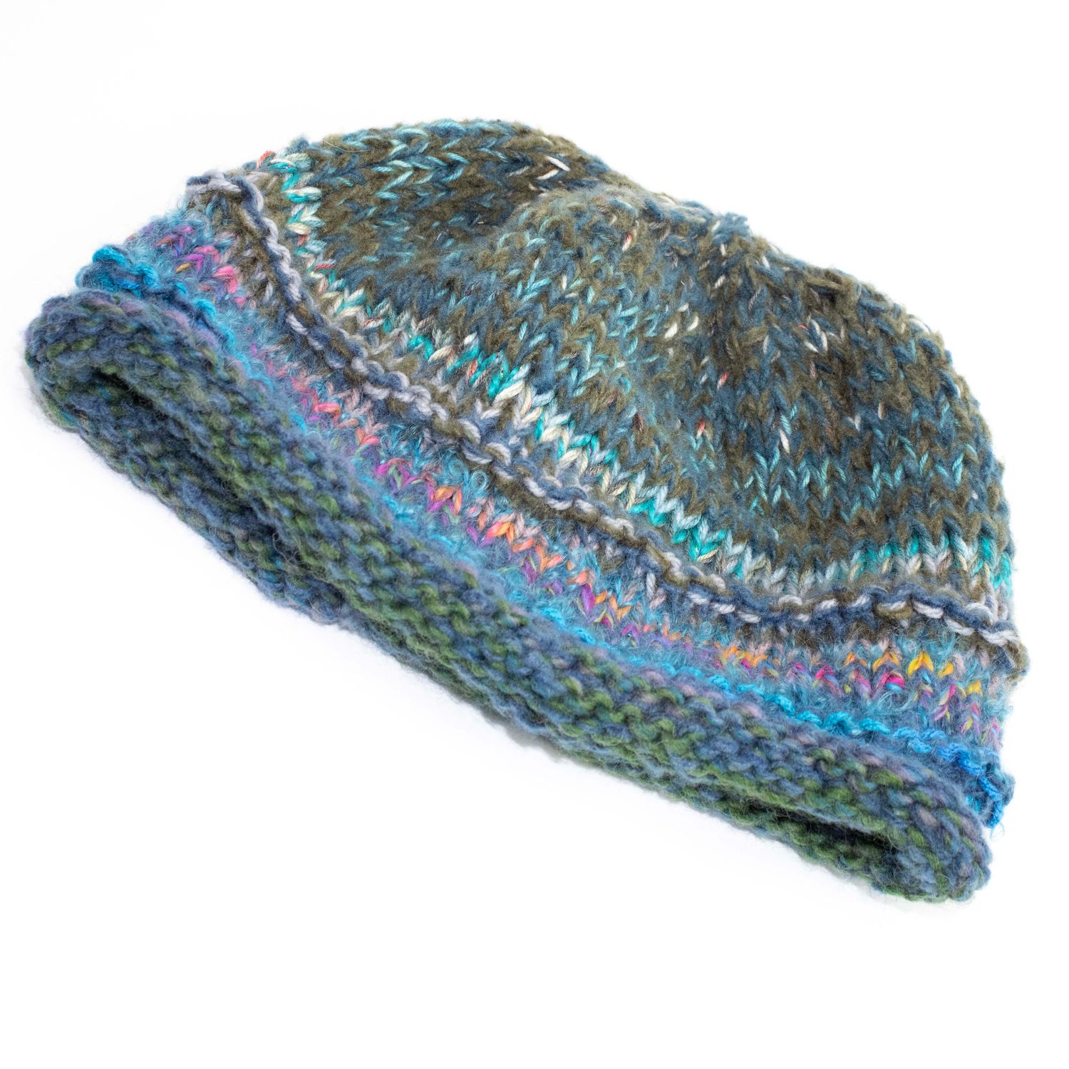 Teals and Olives Hat, handknit HIRC394