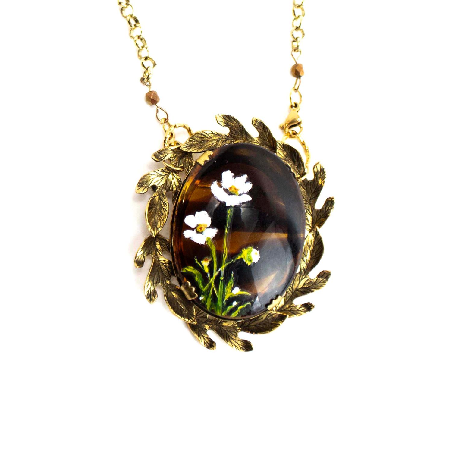 White Cosmos with Brass Leaves, necklace pin BARJ188