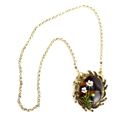 White Cosmos with Brass Leaves, necklace pin BARJ188