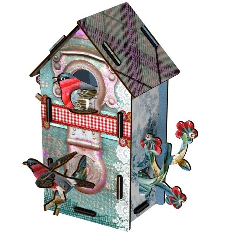 Casetta decorativa con uccellini in mdf, Mod.Playmates Design Miho