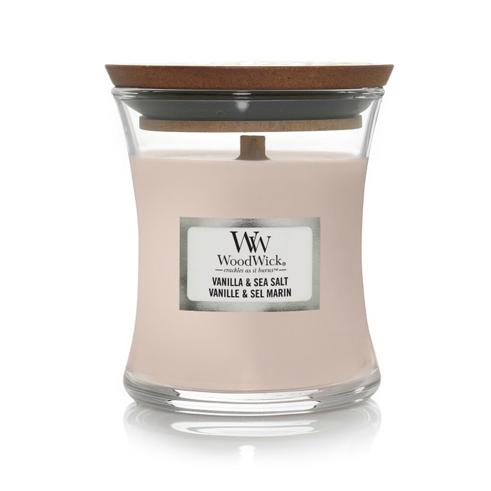 Yankee Candle WoodWick Candela Profumata Media Fragranza Vanilla & Sea Salt Con Stoppino Legno