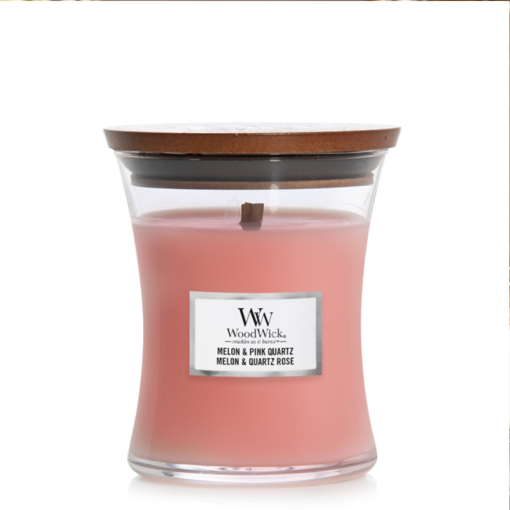 WoodWick / Yankee Candle Candela Profumata Media Fragrnza Melon and Pink Quartz Con Stoppino Legno
