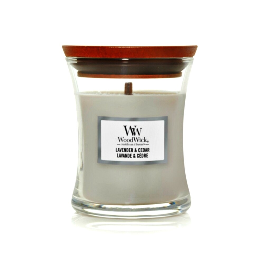 WoodWick / Yankee Candle Candela Profumata Media Fragranza Lavender & Cedar Con Stoppino Legno