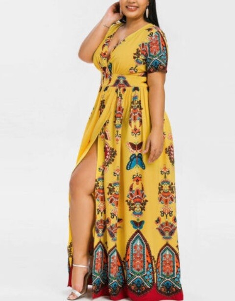 Plus Size Moda Mujeres Estampado Mariposa con cuello en V Vestido Largo Manga Corta Informal