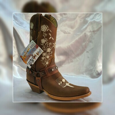 Bota San Pedro bordada estilo rodeo suela de cuero para dama