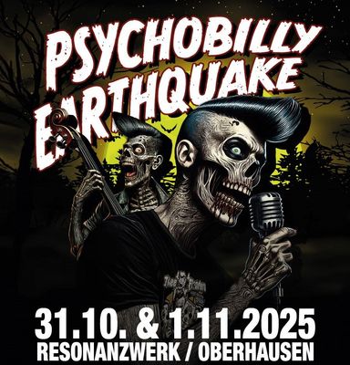 PRE-ORDER : TICKET + T-SHIRT + PATCH - Psychobilly Earthquake Halloween Edition - WHITE PRINT - delivery from 01.06.25