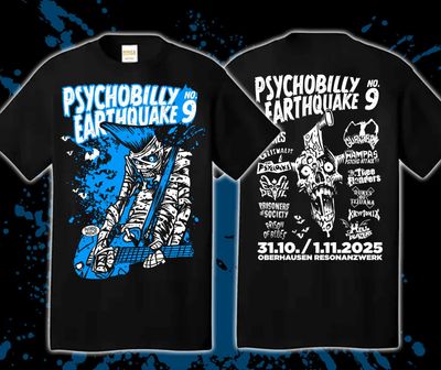 PRE-ORDER : T-SHIRT - Psychobilly Earthquake Festival Edition - BLUE PRINT - delivery from 31.10.25 PRE-ORDER : T-SHIRT - Psychobilly Earthquake Festival Edition - BLUE PRINT - delivery from 31.10.25