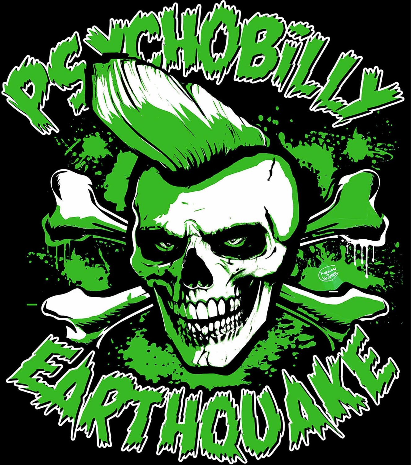 T-SHIRT - Psychobilly Earthquake Skeleton - GREEN PRINT - MEN SIZE &quot;XL&quot;