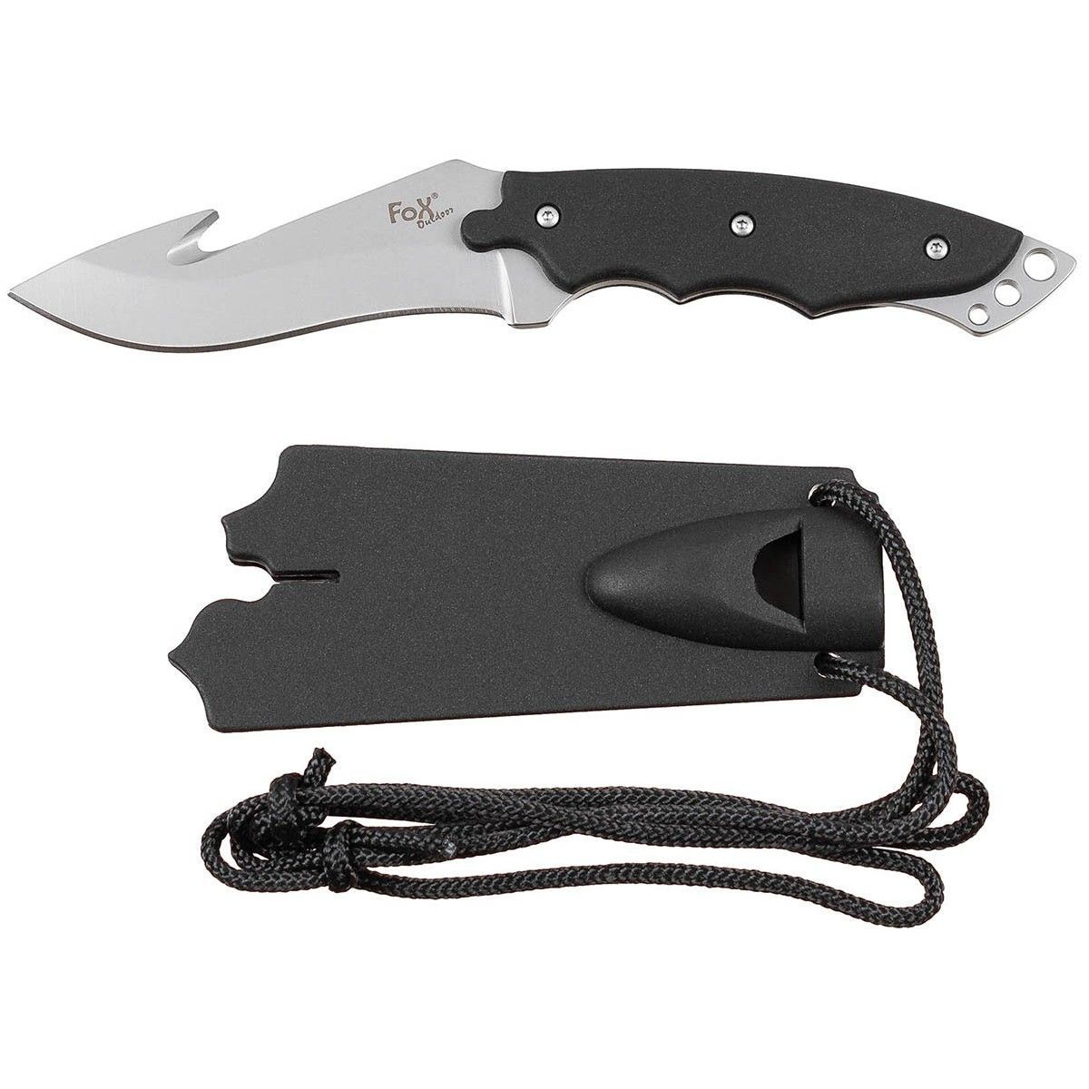 Coltello, lama curva, manico in plastica, fodero