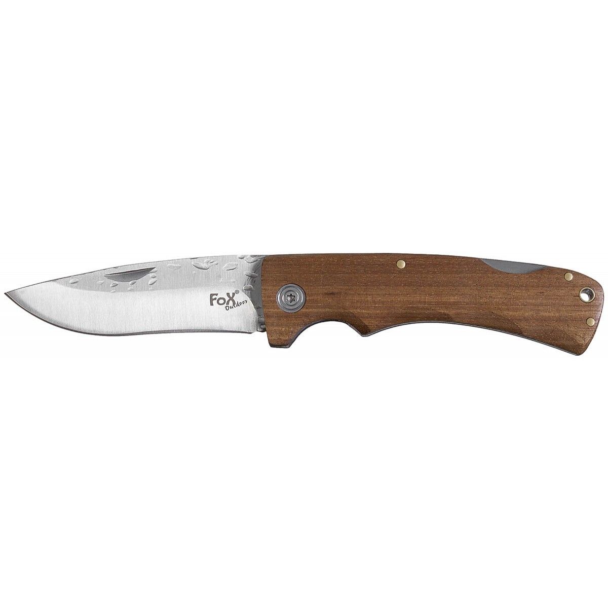 Coltello pieghevole, manico in legno, lama martellata
