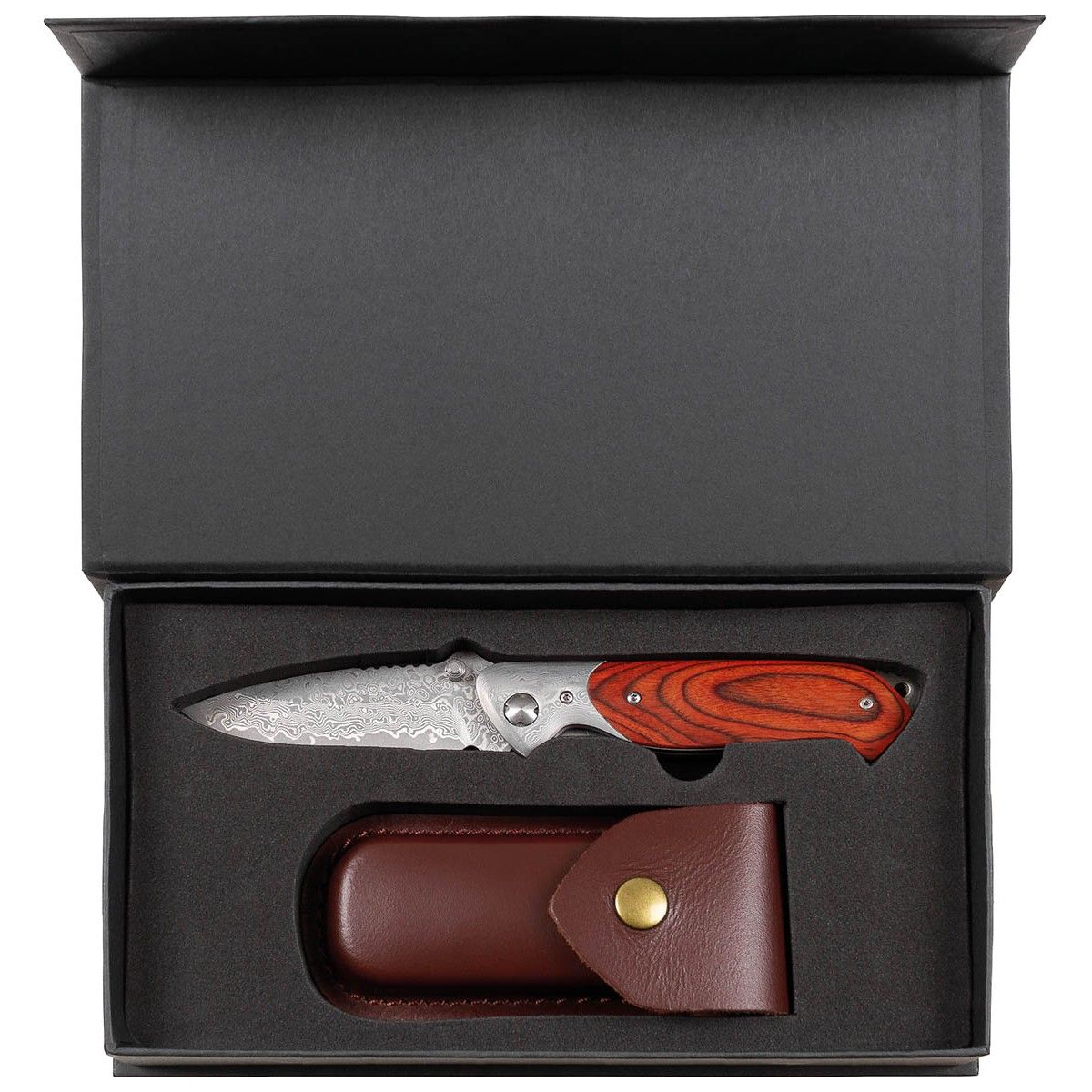 Coltello Damasco, pieghevole, manico in legno, fodero in pelle