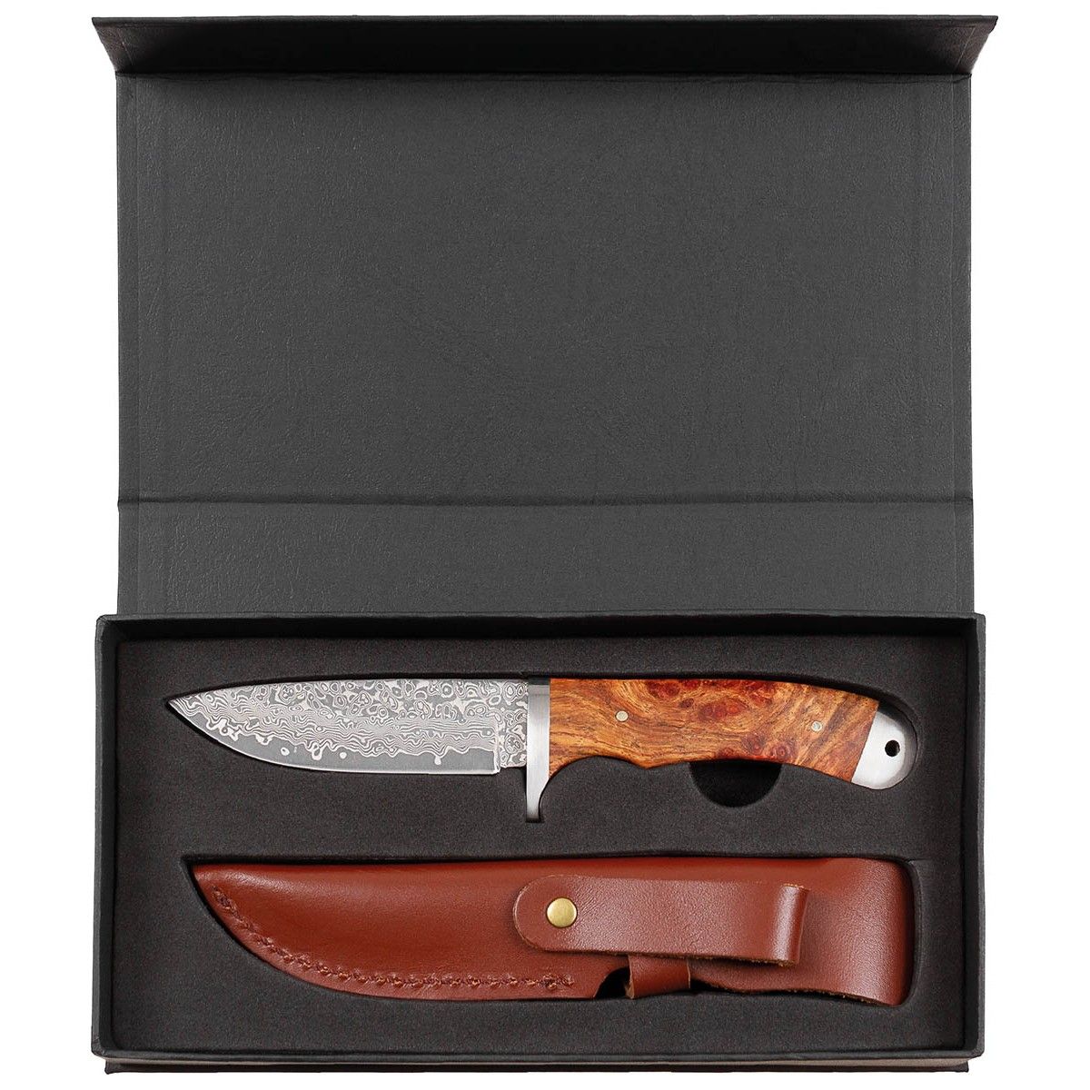 Coltello Damasco, fodero, intarsio in legno di mela cotogna rossa