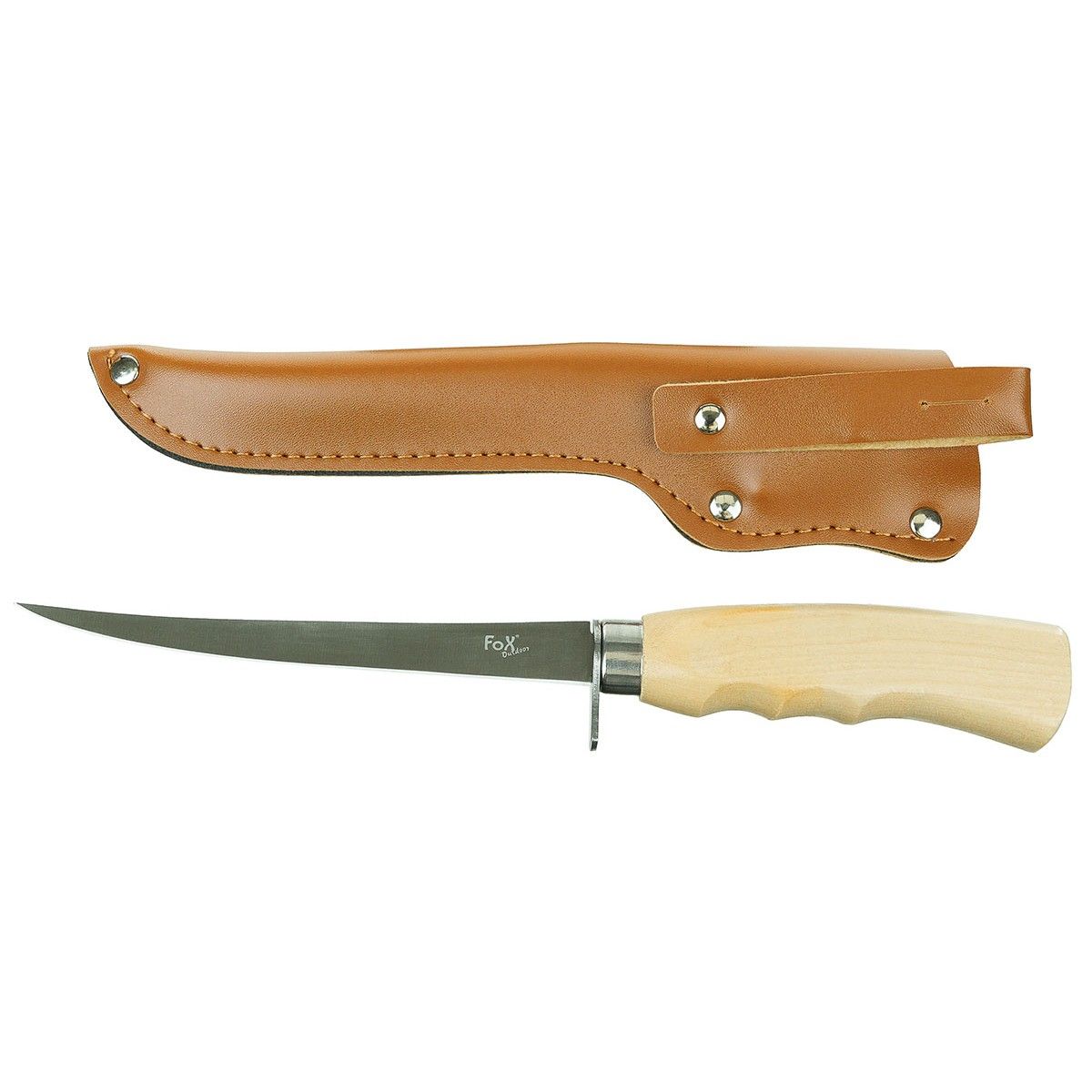 Coltello per sfilettare, manico in legno di betulla, fodero