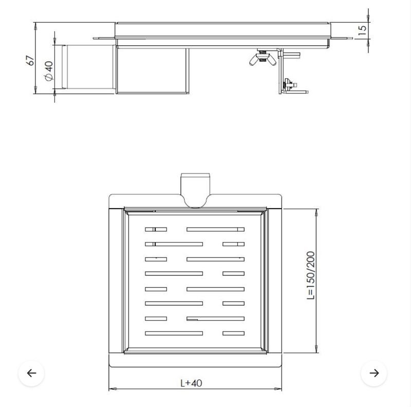 3rd generation shower well with flange and side outlet 20 x 20 cm stainless steel