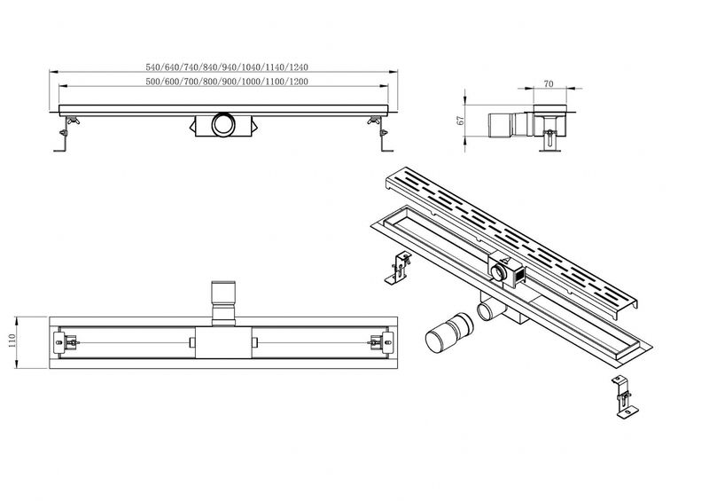 3rd generation shower channel with flange and grid 70x7 cm stainless steel