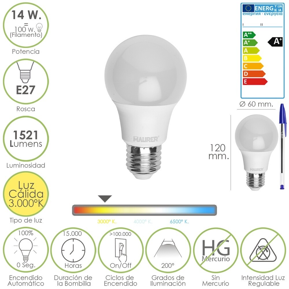 BOMBILLA LED STANDAR ROSCA E27 14 WATT. EQUIVALE A 100 WATT. 1521 LUMENES. LUZ CÁLIDA (3.000º K)