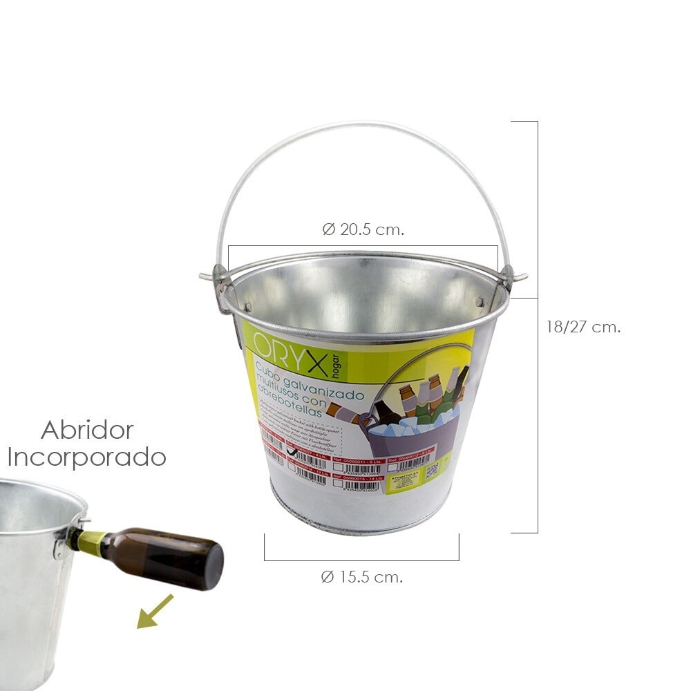 CUBO ZINC METAL GALVANIZADO MULTIUSOS  CON ABRE BOTELLAS, capacidad: 8 LITROS