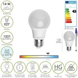 BOMBILLA LED STANDAR ROSCA E27 14 WATT. EQUIVALE A 100 WATT. 1521 LUMENES. LUZ FRÍA (6.500º K)