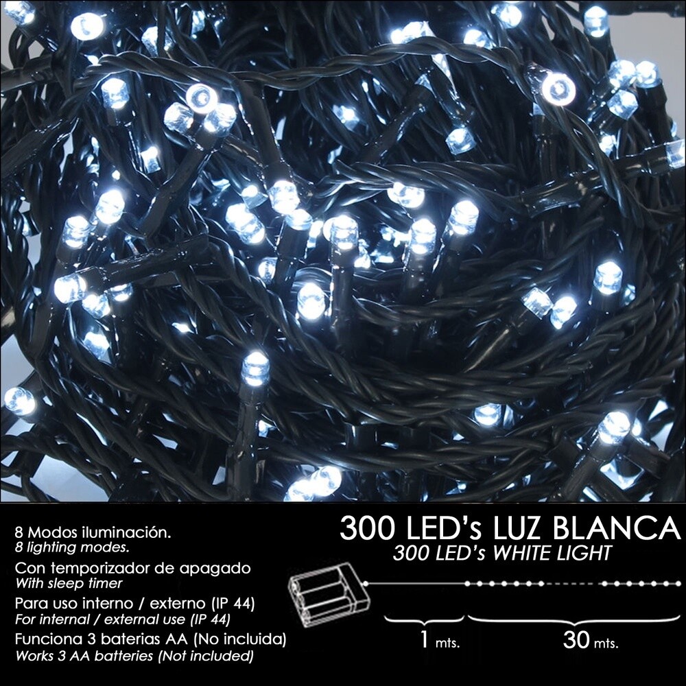 LUCES NAVIDAD A PILAS 300 LEDS LUZ BLANCA INTERIOR / EXTERIOR (IP44)