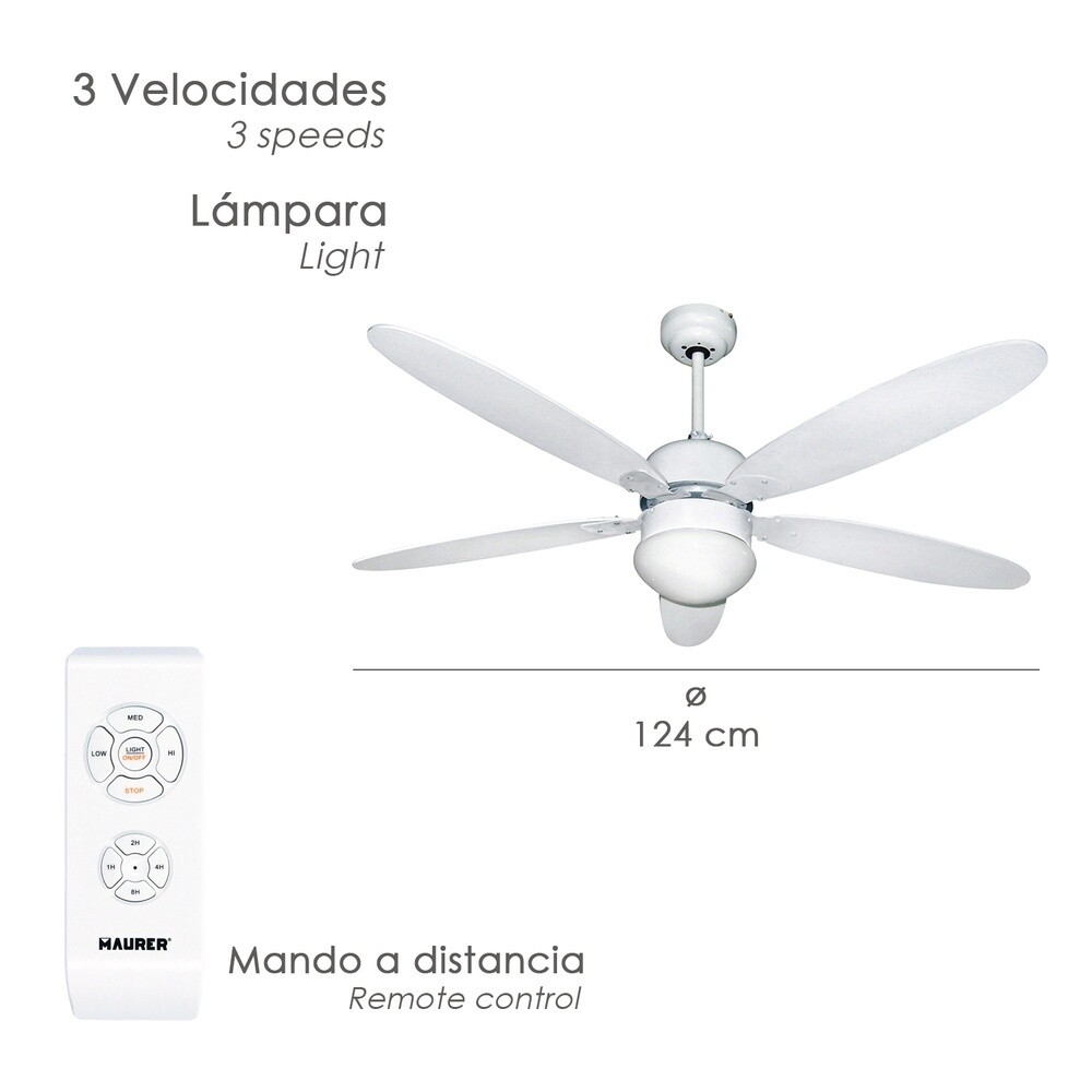 VENTILADOR TECHO Ø 124 CM. 70 WATT. 3 VELOCIDADES. CON LUZ Y MANDO A DISTANCIA 5 ASPAS. CON TEMPORIZADOR.
