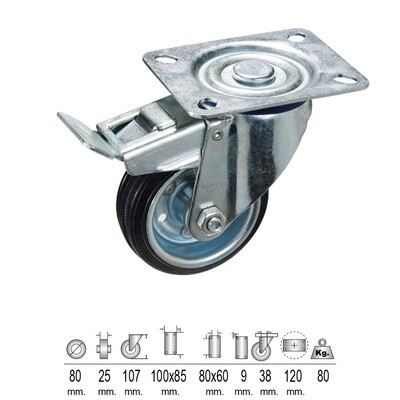 RUEDA INDUSTRIAL GOMA NEGRA PLACA CON FRENO 80 MM.