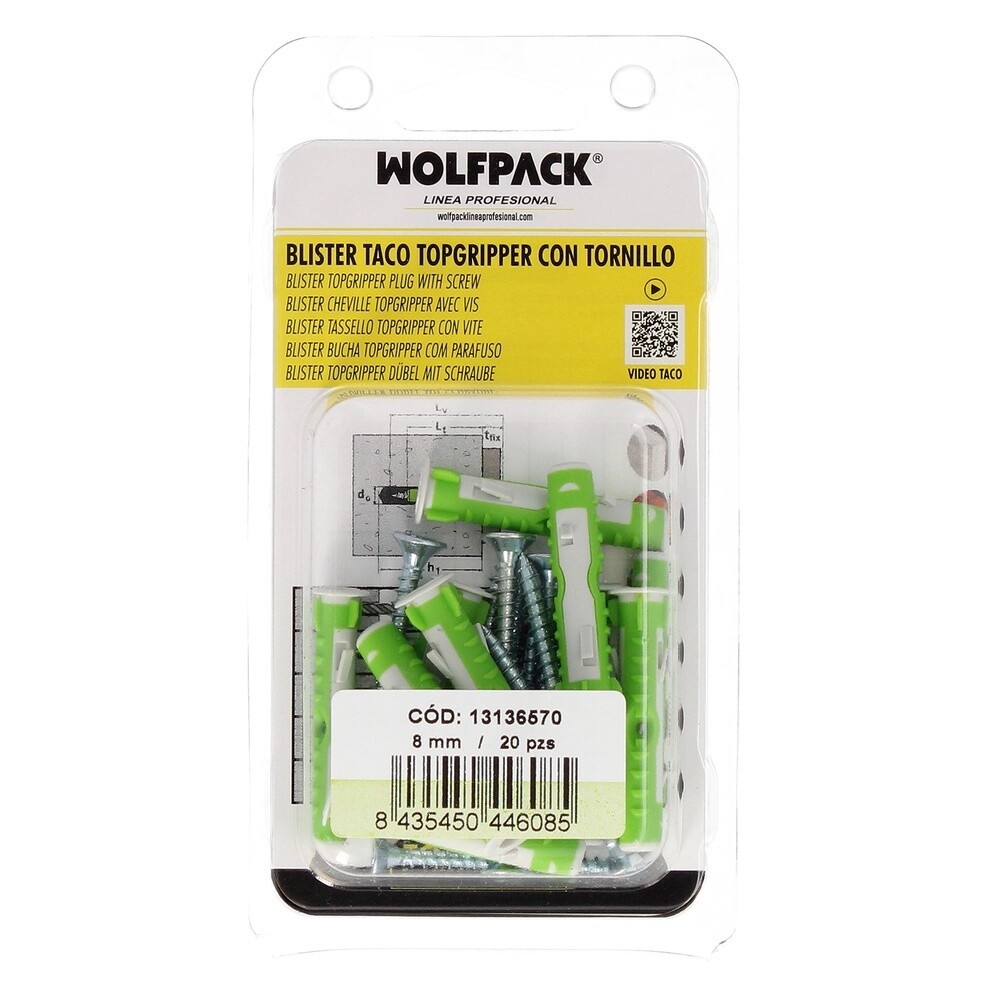 BLISTER TACOS TOPGRIPPER BIMATERIAL CON TORNILLOS Ø 8 MM. 20 PIEZAS