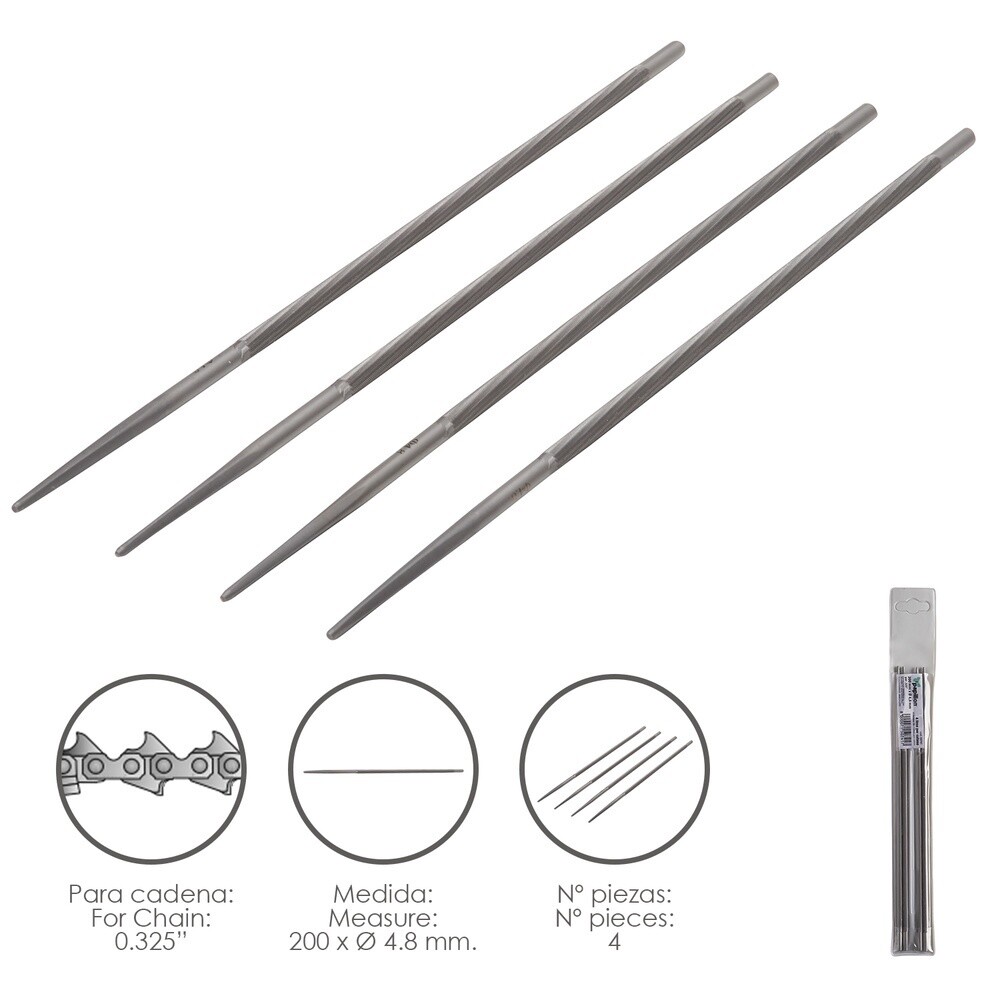 LIMAS CADENA MOTOSIERRA 200 X Ø 4.8 MM. 0.325&quot; (PACK 4 PIEZAS)