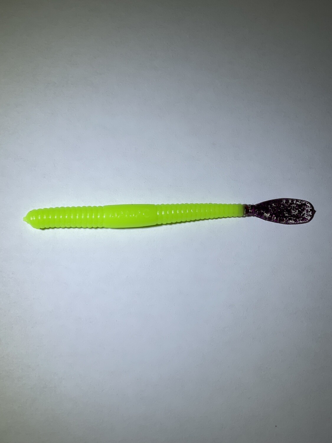 4" Paddle Tail Worm - Fluorescent Green with Purple Flake Tail