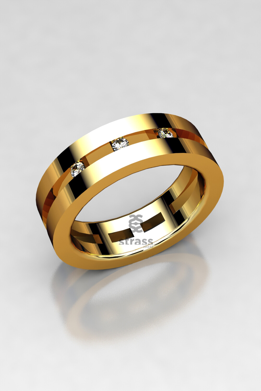 Alianza oro amarillo, blanco o rosa calada de 18kt con 3 diamantes naturales