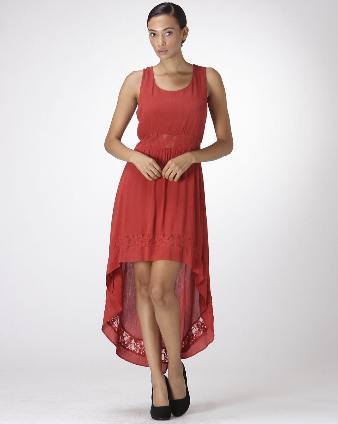 Dress Lace Insert Hi Low Dress Rust