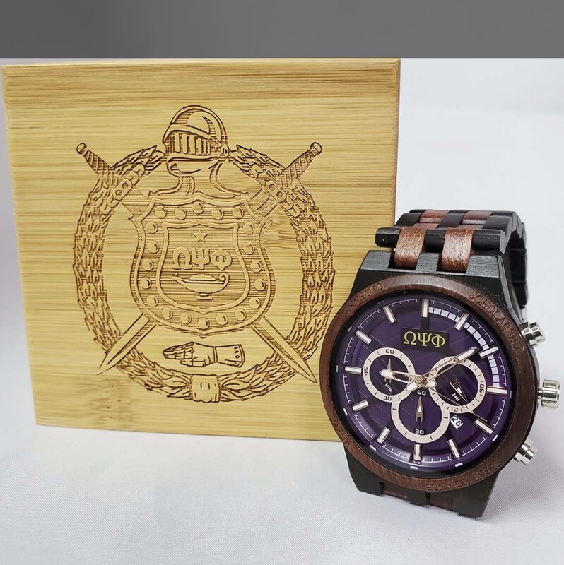 Omega Psi Phi Redwood Watch with Engraved Gift Box