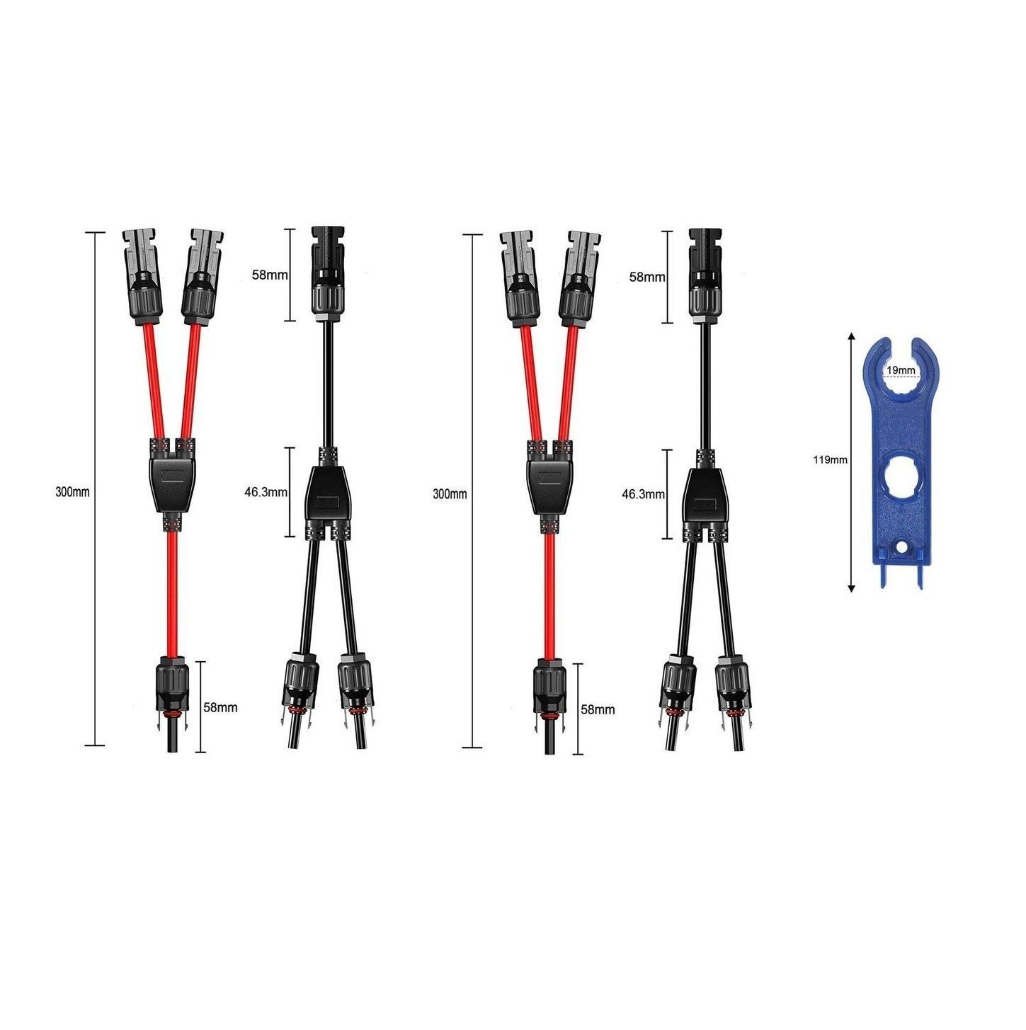 Solarkabel Y-Verteiler, MC4-Y Stecker, 6 mm²,  inkl. Schlüssel (2 Paar rot/schwarz)