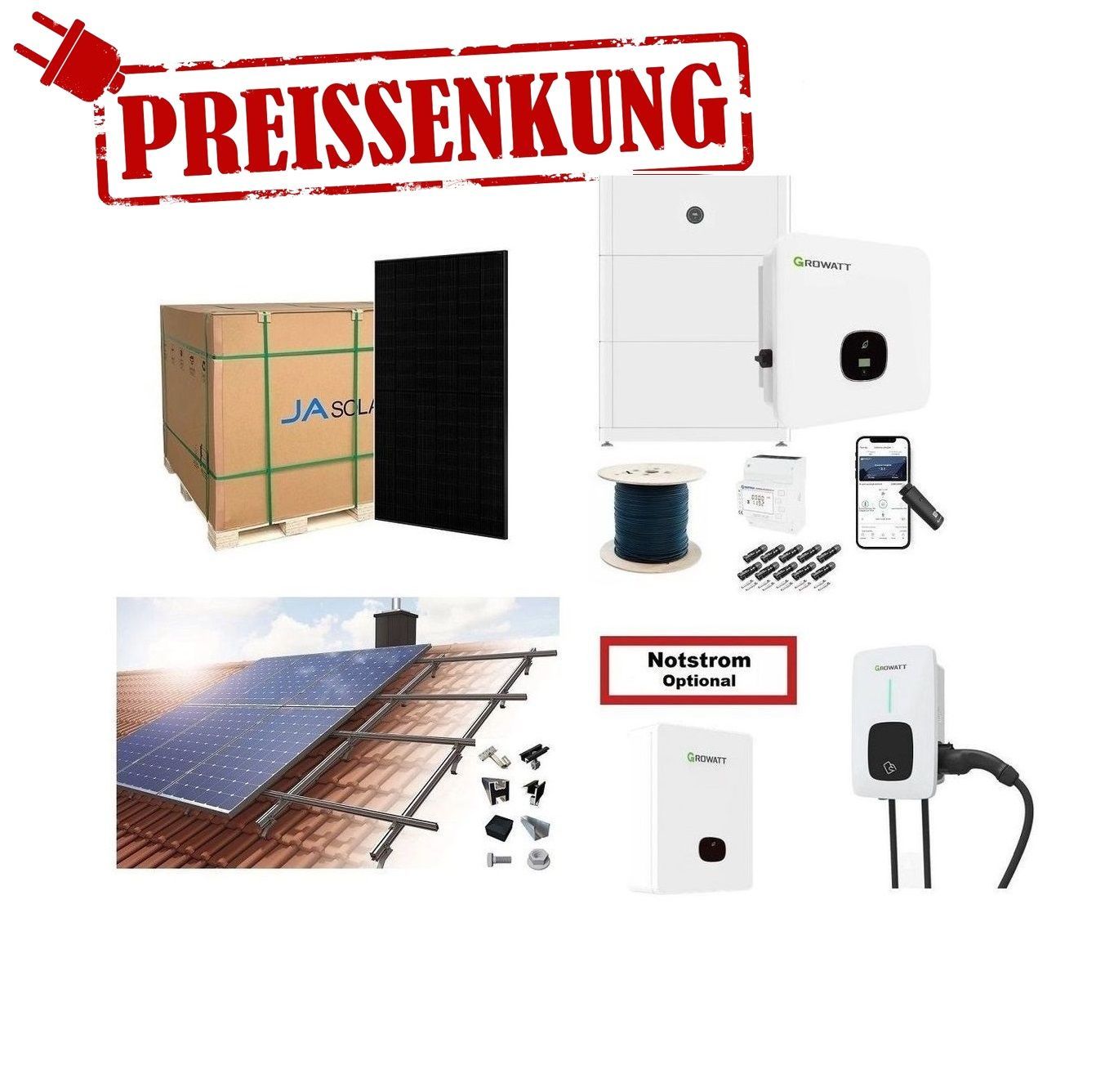 Solaranlage 10 kWp  zur Selbstmontage / PV-Komplettset - optional 5 kWh / 10 kWh / 15 kWh Speicher Growatt Wechselrichter - 24x JA Solar Glas-Glas Module