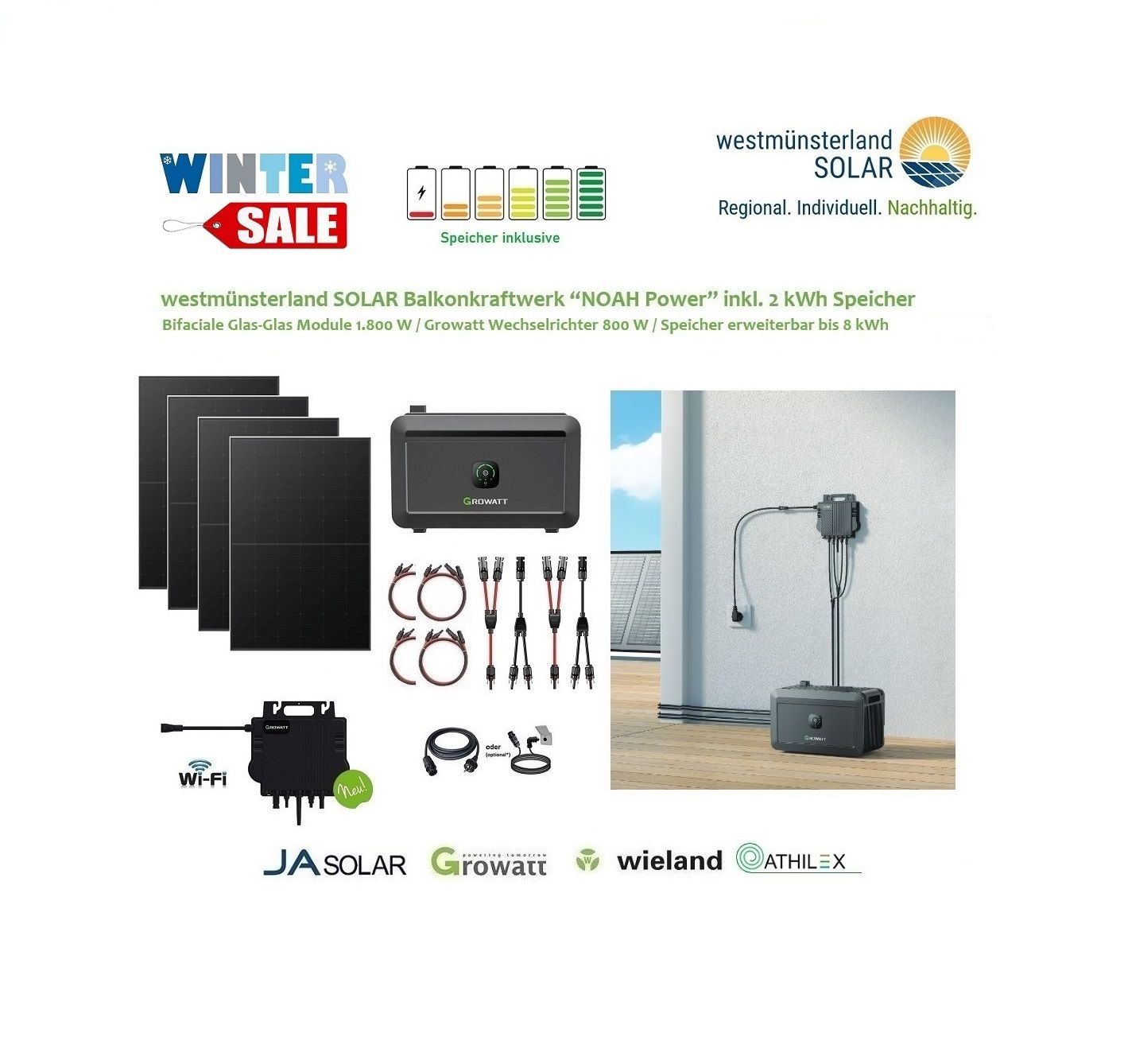 Balkonkraftwerk / Stecker-Solaranlage Balkonkraftwerk / Stecker-Solaranlage "NOAH Power" 1.800 Watt inkl. 2 kWh Speicher Plug & Play