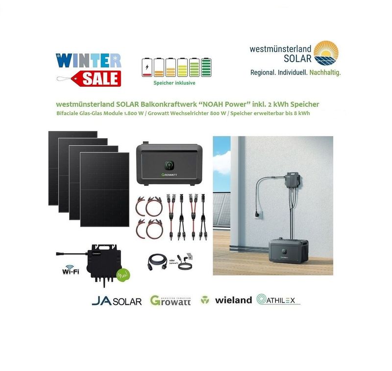 Balkonkraftwerk / Stecker-Solaranlage Balkonkraftwerk / Stecker-Solaranlage "NOAH Power" 1.800 Watt inkl. 2 kWh Speicher Plug & Play