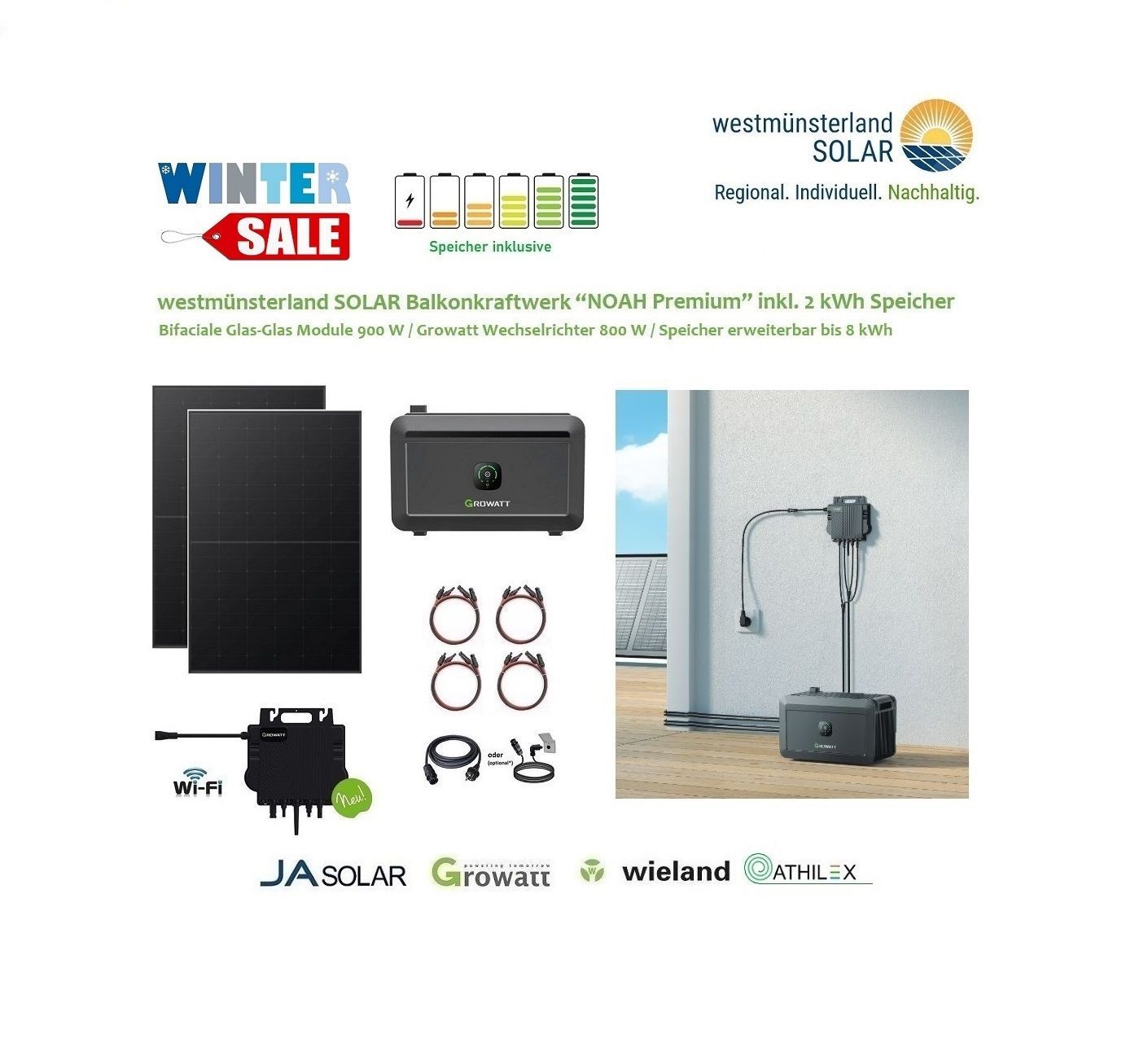 Balkonkraftwerk / Stecker-Solaranlage Balkonkraftwerk / Stecker-Solaranlage "NOAH Premium" 900 Watt inkl. 2 kWh Speicher Plug & Play