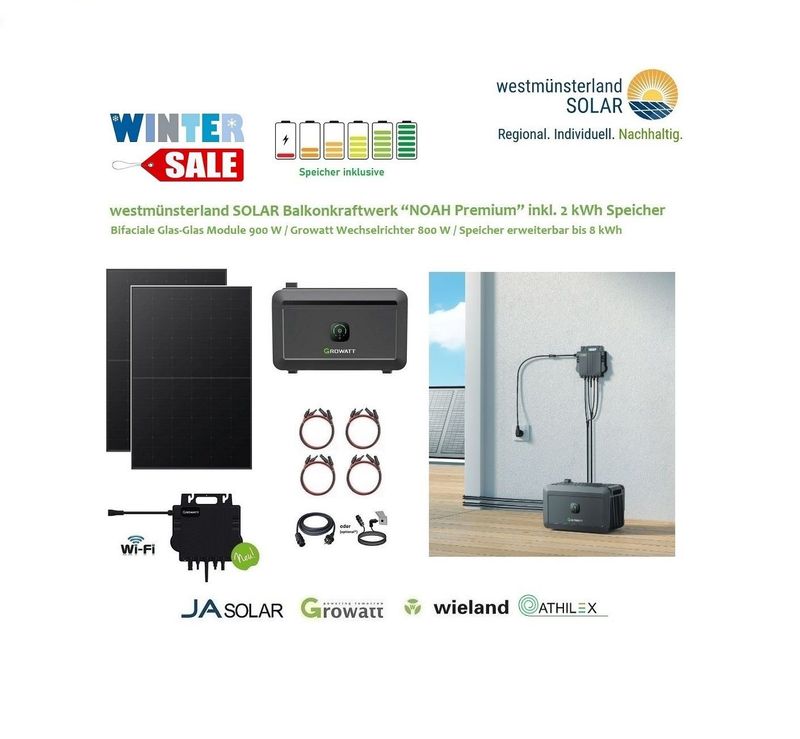 Balkonkraftwerk / Stecker-Solaranlage Balkonkraftwerk / Stecker-Solaranlage "NOAH Premium" 900 Watt inkl. 2 kWh Speicher Plug & Play