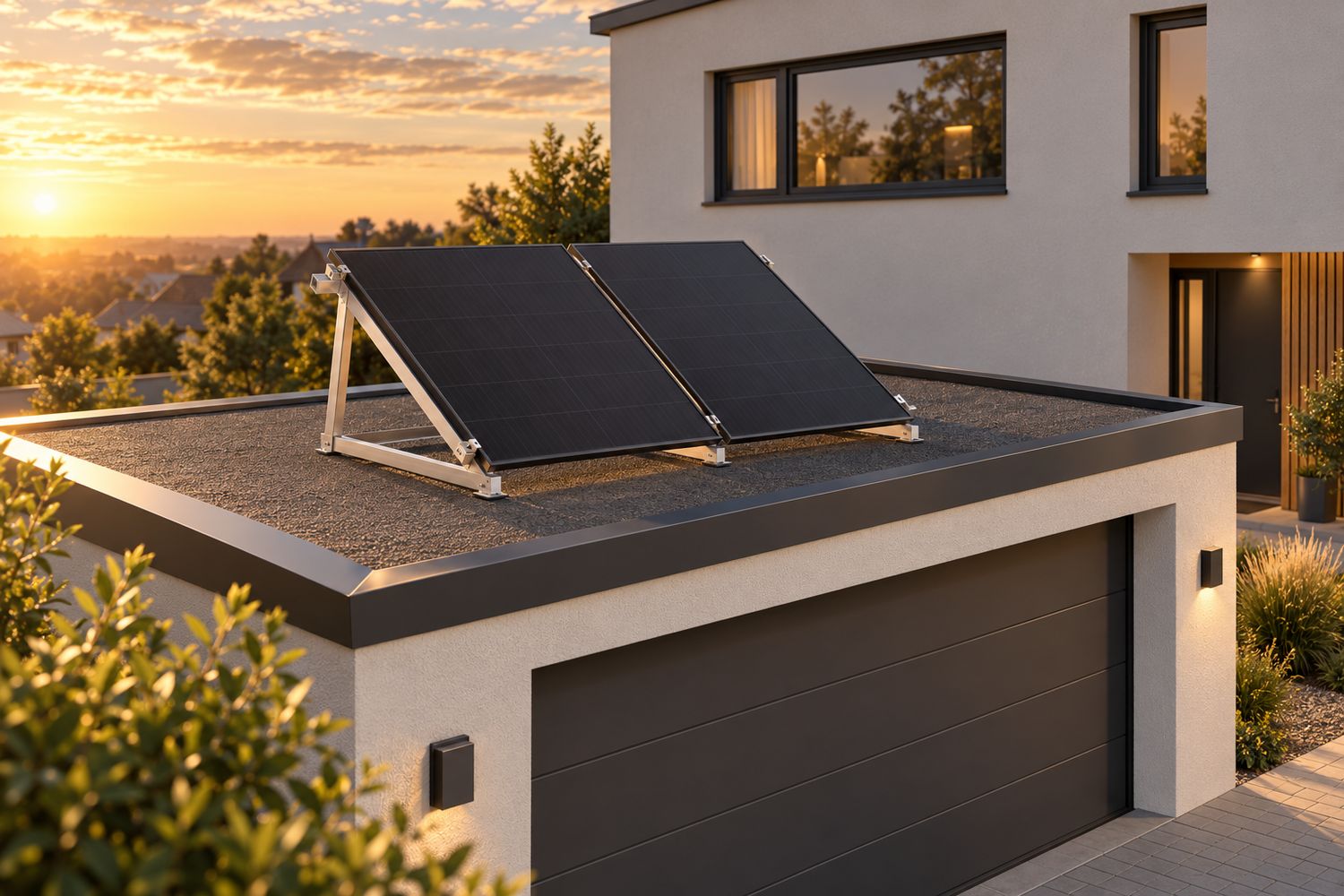 Montagepaket Balkonkraftwerk für 2 Solarmodule – Flachdach-Aufständerung 15–30° Hochkant / Vertikal
