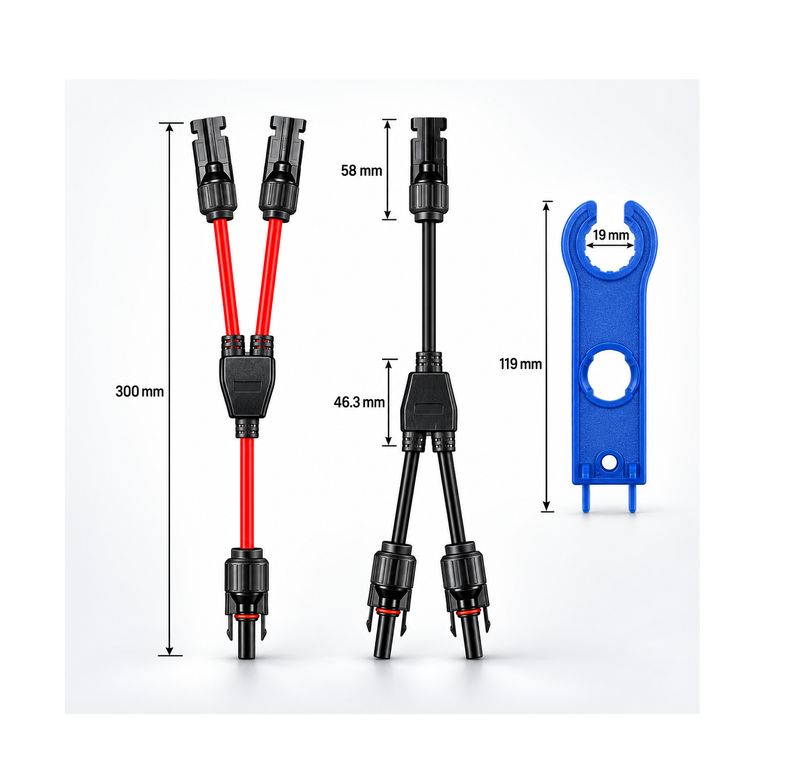 Solarkabel Y-Verteiler MC4-kompatibel – 1 Paar Rot/Schwarz inkl. Montageschlüssel