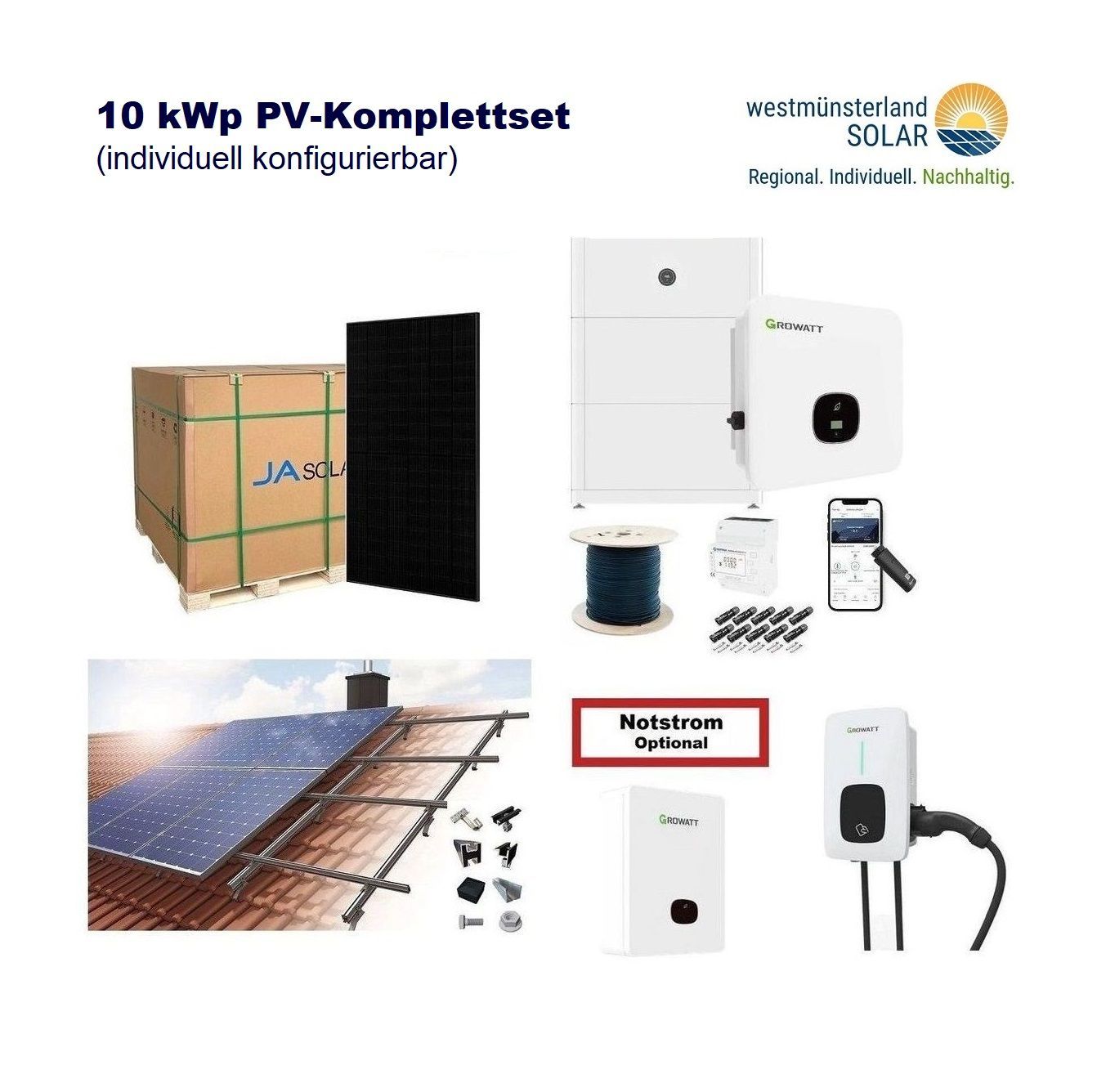 Solaranlage 10 kWp zur Selbstmontage / PV-Komplettset - optional 5 kWh / 10 kWh / 15 kWh Speicher Growatt Wechselrichter - 24x JA Solar Glas-Glas Module Solaranlage 10 kWp zur Selbstmontage / PV-Komplettset - optional 5 kWh / 10 kWh / 15 kWh Speicher Growatt Wechselrichter - 24x JA Solar Glas-Glas Module