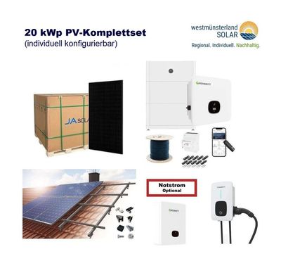 Solaranlage 20 kWp zur Selbstmontage / PV-Komplettset - optional 10 kWh / 15 kWh / 20 kWh Speicher Growatt Wechselrichter - 46x JA Solar Glas-Glas Module Solaranlage 20 kWp zur Selbstmontage / PV-Komplettset - optional 10 kWh / 15 kWh / 20 kWh Speicher Growatt Wechselrichter - 46x JA Solar Glas-Glas Module
