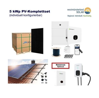 Solaranlage 5 kWp zur Selbstmontage / PV-Komplettset - optional 5 kWh / 10 kWh Speicher Growatt Wechselrichter - 12x JA Solar Glas-Glas Module Solaranlage 5 kWp zur Selbstmontage / PV-Komplettset - optional 5 kWh / 10 kWh Speicher Growatt Wechselrichter - 12x JA Solar Glas-Glas Module