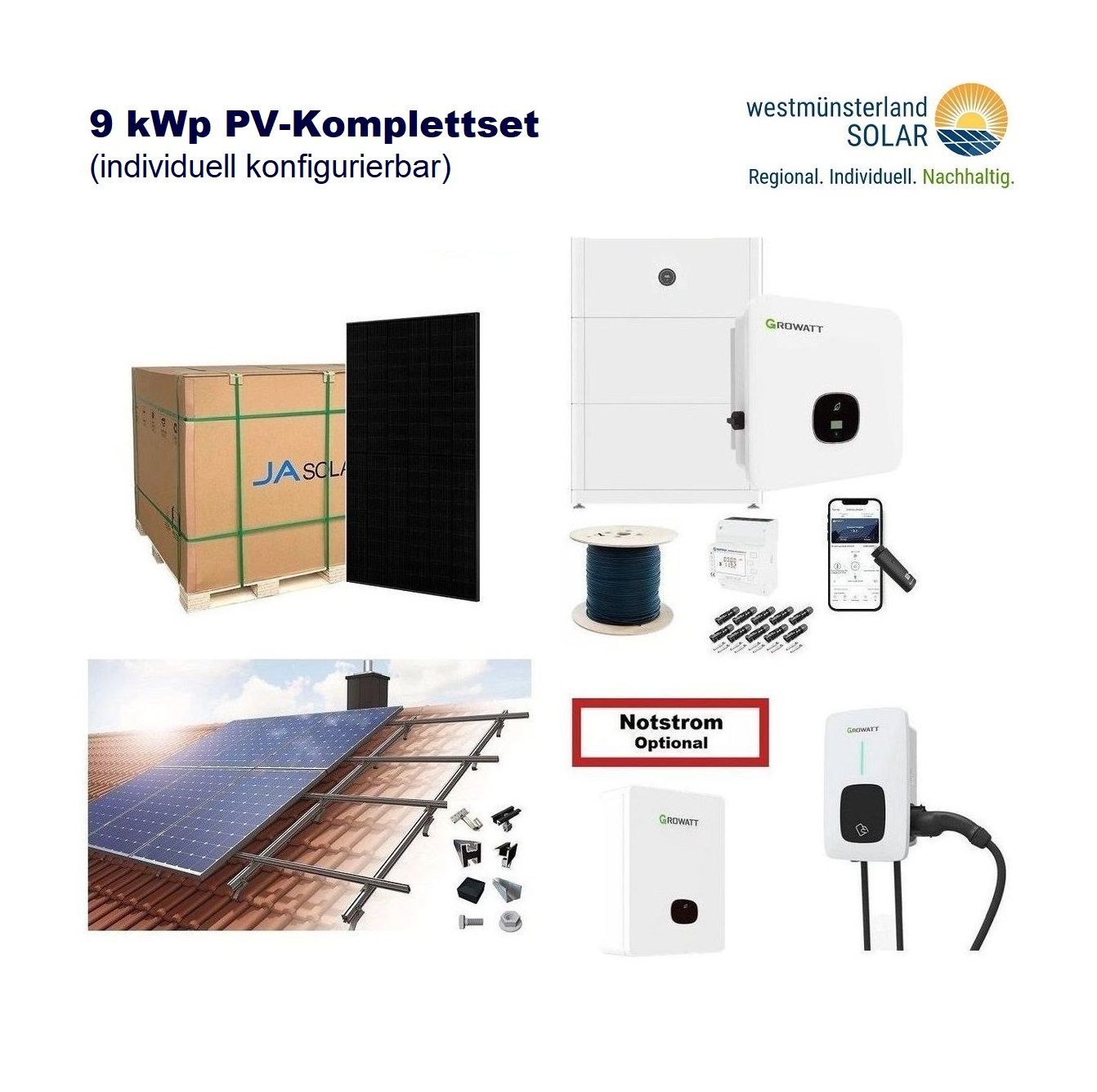 Solaranlage 9 kWp zur Selbstmontage / PV-Komplettset - optional 5 kWh / 10 kWh / 15 kWh Speicher Growatt Wechselrichter - 20x JA Solar Glas-Glas Module
