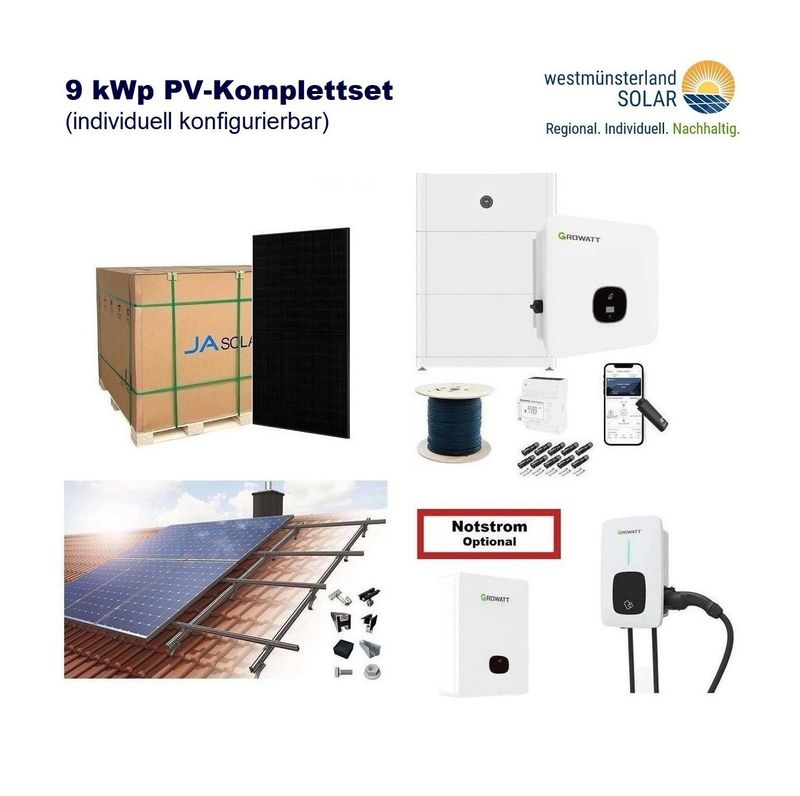 Solaranlage 9 kWp zur Selbstmontage / PV-Komplettset - optional 5 kWh / 10 kWh / 15 kWh Speicher Growatt Wechselrichter - 20x JA Solar Glas-Glas Module Solaranlage 9 kWp zur Selbstmontage / PV-Komplettset - optional 5 kWh / 10 kWh / 15 kWh Speicher Growatt Wechselrichter - 20x JA Solar Glas-Glas Module