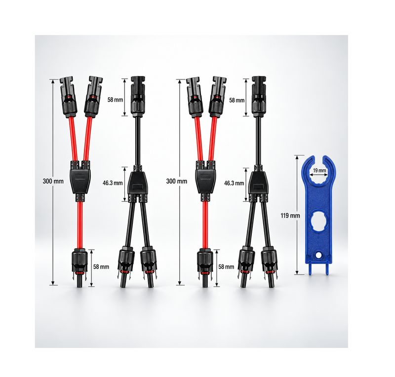 Solarkabel Y-Verteiler MC4-kompatibel – 2 Paar Rot/Schwarz inkl. Montageschlüssel