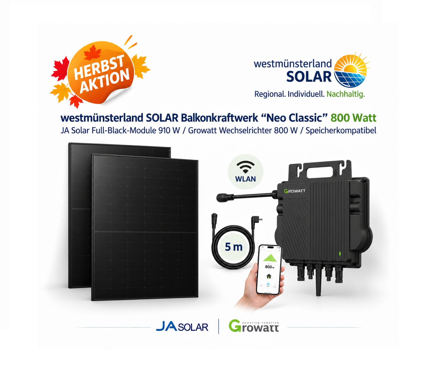 Balkonkraftwerk 800 W „Neo Classic“ mit 910 W Solarmodulen – Plug & Play Stecker-Solaranlage