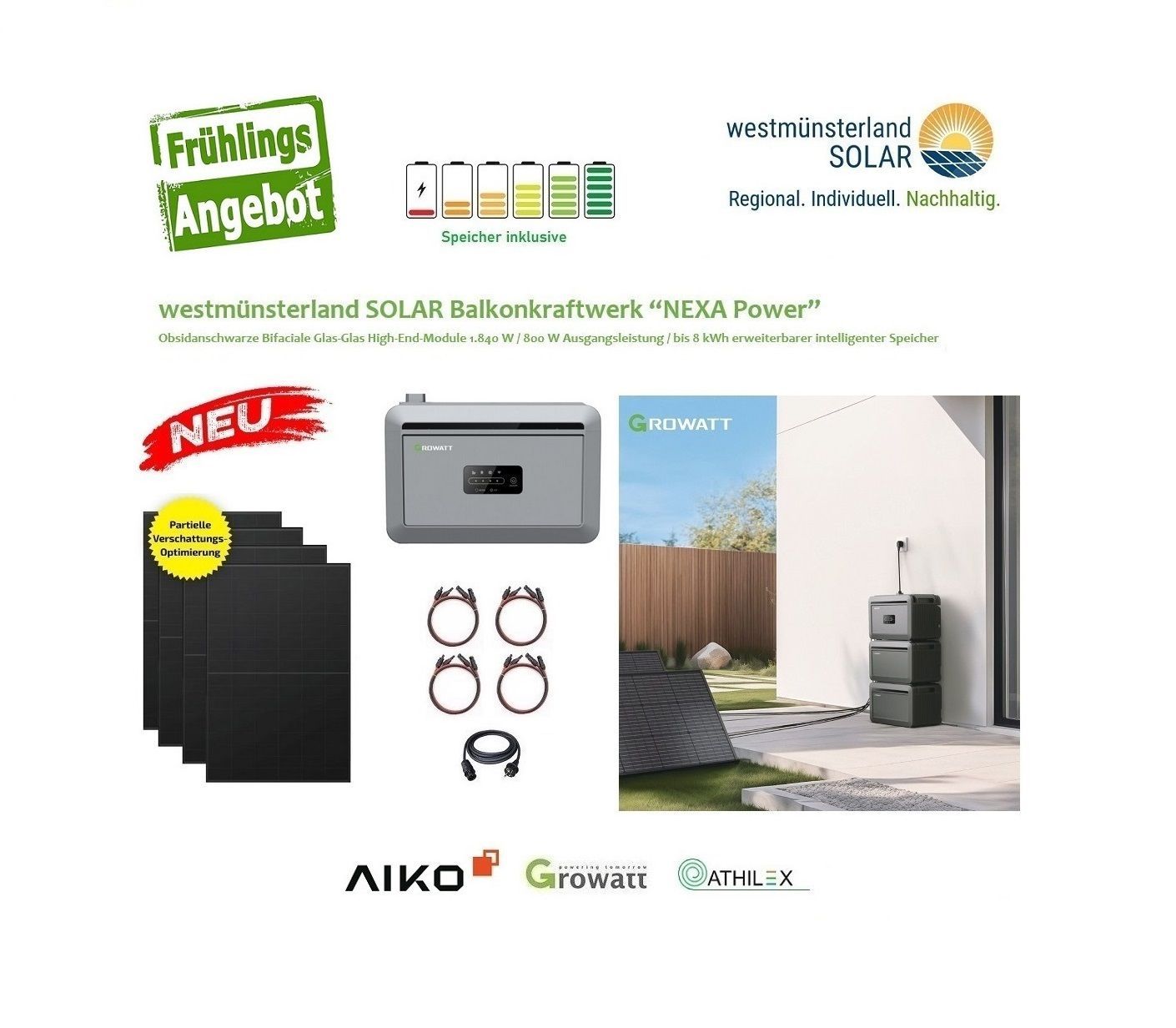 Balkonkraftwerk / Stecker-Solaranlage "NEXA Power" mit 2 kWh intelligentem Speicher Plug & Play +++ NEU +++