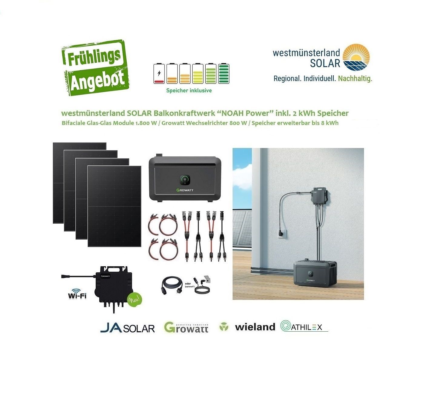 Balkonkraftwerk / Stecker-Solaranlage "NOAH Power" 1.800 Watt inkl. 2 kWh Speicher Plug & Play