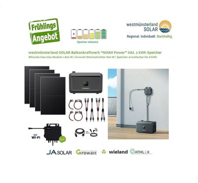 Balkonkraftwerk / Stecker-Solaranlage "NOAH Power" 1.800 Watt inkl. 2 kWh Speicher Plug & Play
