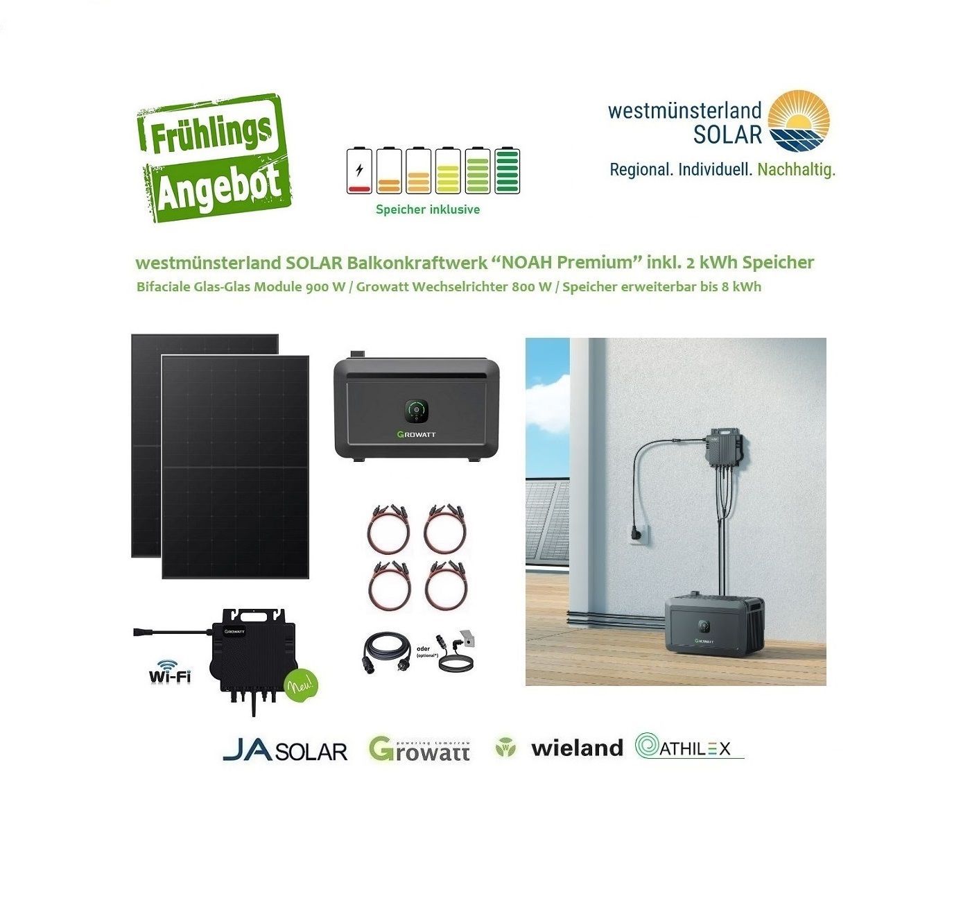 Balkonkraftwerk / Stecker-Solaranlage "NOAH Premium" 900 Watt inkl. 2 kWh Speicher Plug & Play